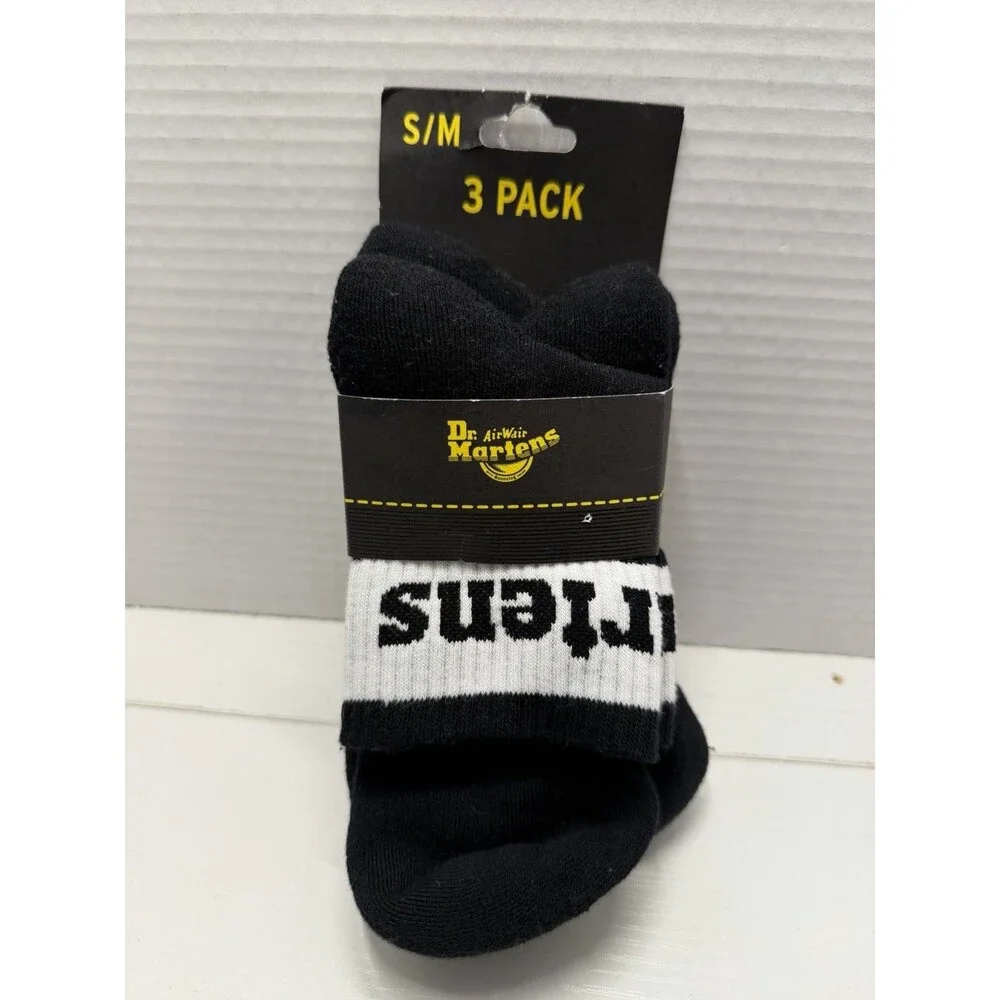 Dr. Martens 3 Pack Athletic Crew Socks Black White Logo S/M US 3-8 NWT